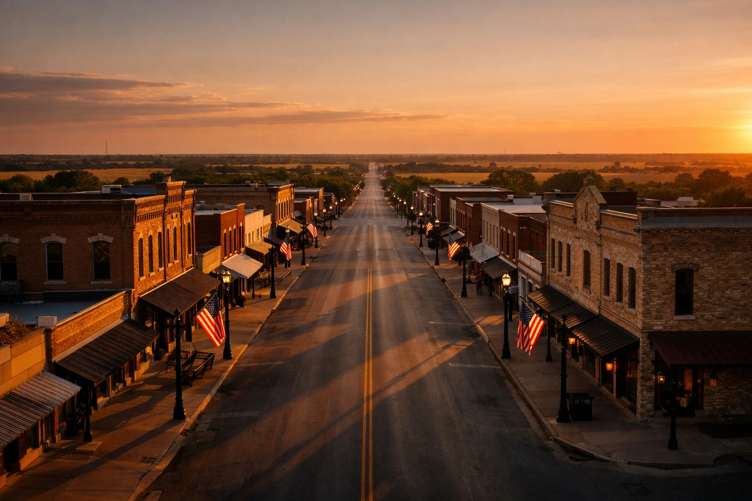 Texas small-town main street at golden hour in Ellis County